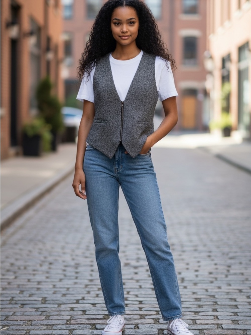 Womens Gray Tweed Zip-Front Vest - Picture 6 of 6